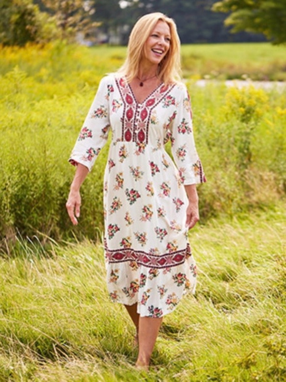 April Cornell Size XS Maxi Prairie Dress with Red and Green Floral Accents